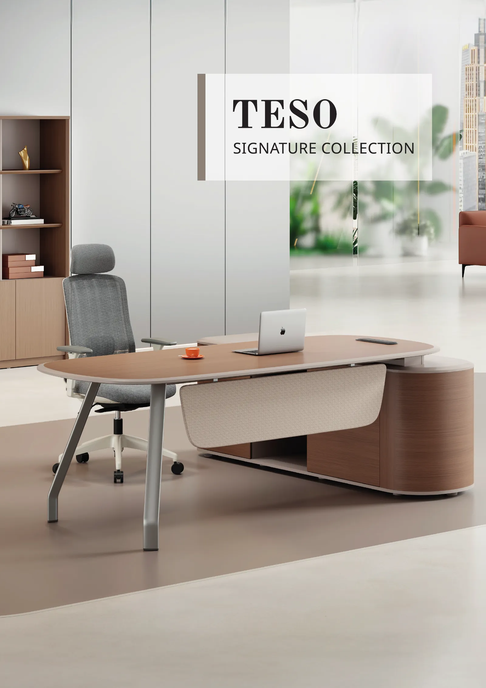 TESO — Warm mid-brown walnut-tone worktops paired with greige (warm grey-taupe) storage bodies and cream accents, standing on splayed A-frame legs in matte silver-grey steel