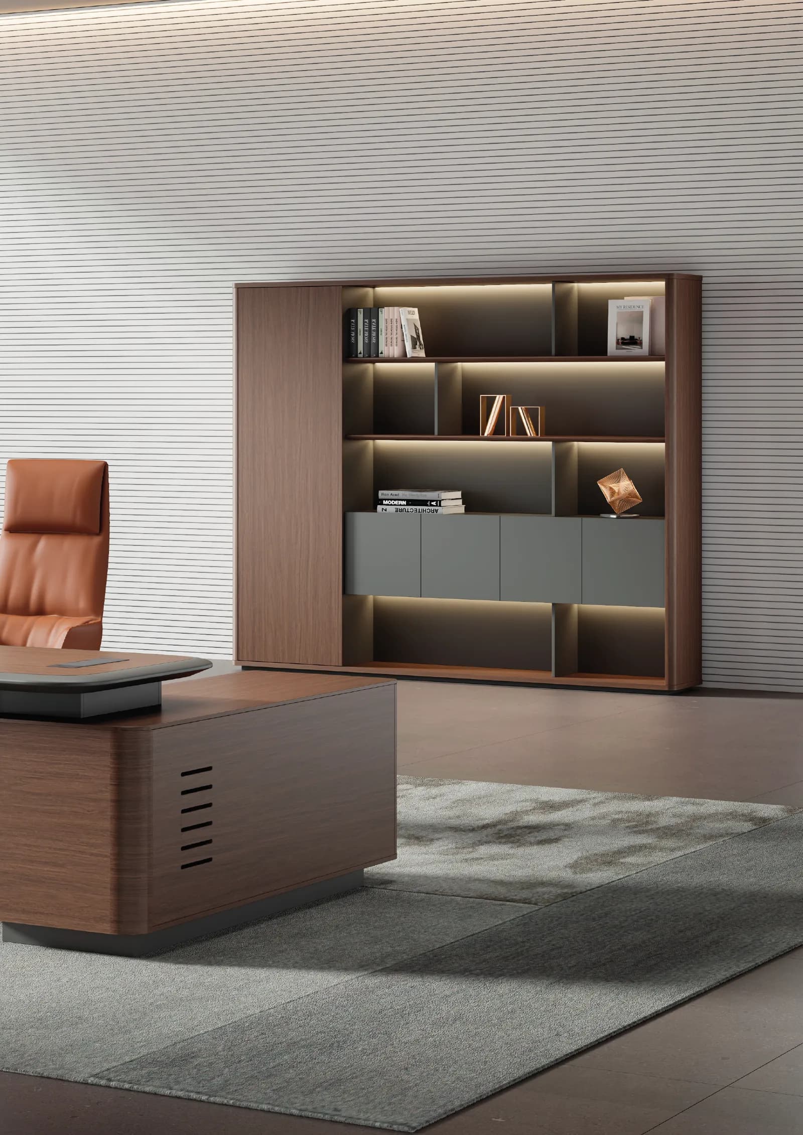 DONARO — Two-tone executive design pairing warm walnut veneer with graphite-grey lacquer