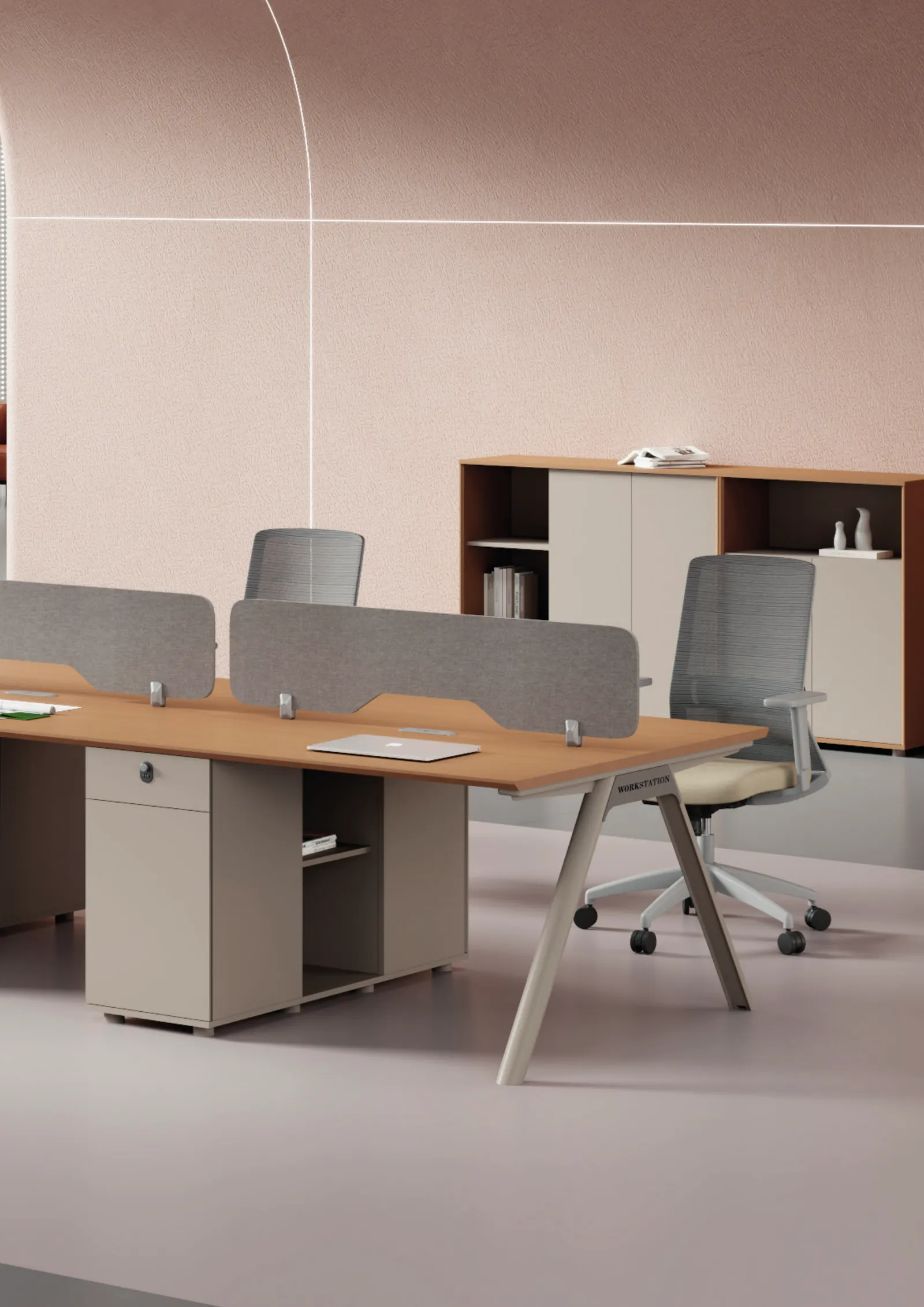 VIVA — Lighter and more Scandinavian than TESO: pale beech / honey-oak worktops sit over putty-beige and light-taupe cabinet bodies, with some cabinet fronts mixing light wood doors and warm grey panels